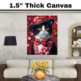 Love & Grace: Tuxedo Cat in a Heart-Adorned Floral Hat and Suit - Sophisticated Valentine's Painting on Ready to Hang 1.5" Thick Canvas Wrap, Floating Framed Canvas, Flat Rolled Canvas