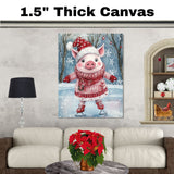 Adorable Christmas Pig Ice Skating in Red Plaid Dress and Santa Hat – Whimsical Winter Nursery Wall Art, Festive Farm Animal Decor or Cute Holiday Gift on Ready to Hang 1.5" Thick Canvas Wrap, Floating Framed Canvas, Flat Rolled Canvas