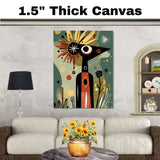 Abstract Tribal-Inspired Figure in Cosmic Botanical Scene with Mid-Century Modern and Folk Art Elements on Ready to Hang 1.5" Thick Canvas Wrap, Floating Framed Canvas, Flat Rolled Canvas