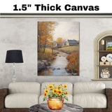 Autumn Light – Tranquil Stream Through the Village on Ready to Hang 1.5" Thick Canvas Wrap, Floating Framed Canvas, Flat Rolled Canvas