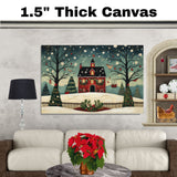 Whimsical Christmas Folk Art of Red House, Decorated Trees, Snowflakes, and Birds in a Peaceful Winter Wonderland on Ready to Hang 1.5" Thick Canvas Wrap, Floating Framed Canvas, Flat Rolled Canvas