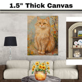 Van Gogh Style Orange Fluffy Cat Canvas Art – Longhaired Feline in Wildflower Garden Oil Painting on Ready to Hang 1.5" Thick Canvas Wrap, Floating Framed Canvas, Flat Rolled Canvas