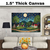 4th of July Village Flags Fireworks Under the Swirled Sky Flat Rolled, Framed or Wrapped Canvas on Ready to Hang 1.5" Thick Canvas Wrap, Floating Framed Canvas, Flat Rolled Canvas