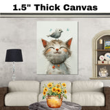 Delightful Painting of a Smiling Kitten with a White Bird on Its Head and Bells on Its Collar Perfect for Whimsical Decor or Gifts for Cat and Animal Lovers on Ready to Hang 1.5" Thick Canvas Wrap, Floating Framed Canvas, Flat Rolled Canvas