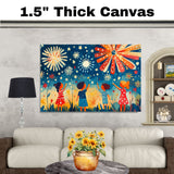 Whimsical Folk Art of Children Watching Fireworks on 4th of July Night, Playful Patriotic Scene with Stars, Bursts of Color, and Red, White, and Blue Outfits on Ready to Hang 1.5" Thick Canvas Wrap, Floating Framed Canvas, Flat Rolled Canvas