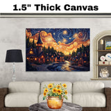 Enchanting 4th of July Village with Fireworks and Swirling Starry Sky, Glowing Cottages and Flags in a Whimsical Nighttime Celebration of Light and Freedom on Ready to Hang 1.5" Thick Canvas Wrap, Floating Framed Canvas, Flat Rolled Canvas
