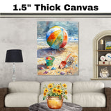 Watercolor Painting of Beach Ball Green Bucket Shells and Red Shovel on Colorful Sandy Shore by Ocean with Dramatic Sky on Ready to Hang 1.5" Thick Canvas Wrap, Floating Framed Canvas, Flat Rolled Canvas