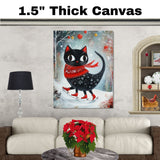 Christmas Wall Art Featuring Big-Eyed Black Cat Ice Skating in Snowy Forest with Red Scarf and Boots Whimsical Holiday Illustration for Winter Decor and Cat Lovers on Ready to Hang 1.5" Thick Canvas Wrap, Floating Framed Canvas, Flat Rolled Canvas
