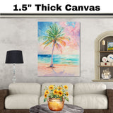 Palm Tree Overlooking Tranquil Ocean in Soft Watercolor Sunset Painting on Ready to Hang 1.5" Thick Canvas Wrap, Floating Framed Canvas, Flat Rolled Canvas