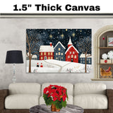 Charming Christmas Folk Art Village with Snowy Red and Blue Houses, Twinkling Stars, Snowfall, and Holiday Cheer on Ready to Hang 1.5" Thick Canvas Wrap, Floating Framed Canvas, Flat Rolled Canvas