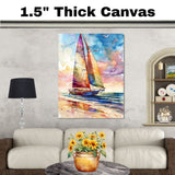 Watercolor Painting of Multicolored Sailboat on Ocean with Sunset Sky and Seagulls on Ready to Hang 1.5" Thick Canvas Wrap, Floating Framed Canvas, Flat Rolled Canvas