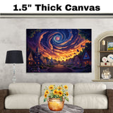 Magical 4th of July Village at Sunset with American Flags and Swirling Galaxy Sky, Glowing Homes and Patriotic Charm in a Dreamy Celebration of Freedom on Ready to Hang 1.5" Thick Canvas Wrap, Floating Framed Canvas, Flat Rolled Canvas