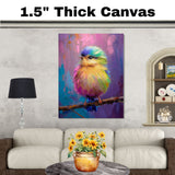 Expressive Portrait of a Colorful Baby Bird on Branch in Abstract Blue and Pink Brushstrokes for Modern Art Lovers and Bold Room Statements on Ready to Hang 1.5" Thick Canvas Wrap, Floating Framed Canvas, Flat Rolled Canvas