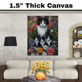 Blooming Whiskers: Tuxedo Cat Mom and Three Kittens in a Vibrant Spring Meadow on Ready to Hang 1.5" Thick Canvas Wrap, Floating Framed Canvas, Flat Rolled Canvas