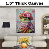 Regal Whimsy: Green Frog in a Victorian-Era European Suit and Hat Enchanting Heartfelt Artwork on Ready to Hang 1.5" Thick Canvas Wrap, Floating Framed Canvas, Flat Rolled Canvas