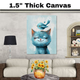 Smiling Blue Cat with Sweet Bird on Head Joyful Animal Art for Nursery Kids Room and Pet Lovers Heartwarming Gift for Cat and Bird Enthusiasts on Ready to Hang 1.5" Thick Canvas Wrap, Floating Framed Canvas, Flat Rolled Canvas