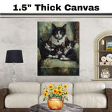 Elegant Victorian Lounge: Tuxedo Cat Mom with Three Kittens on a European Couch on Ready to Hang 1.5" Thick Canvas Wrap, Floating Framed Canvas, Flat Rolled Canvas