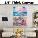 Watercolor Painting of Colorful Reclining Beach Chair with Floral Bag and Blanket on Sand Overlooking Ocean at Sunset on Ready to Hang 1.5" Thick Canvas Wrap, Floating Framed Canvas, Flat Rolled Canvas