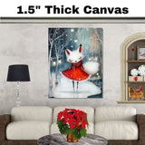 Whimsical Christmas White Fox Ice Skating in Red Dress Winter Forest Canvas on Ready to Hang 1.5" Thick Canvas Wrap, Floating Framed Canvas, Flat Rolled Canvas