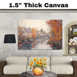 Golden Season – Country Houses and Flowing Stream in Autumn on Ready to Hang 1.5" Thick Canvas Wrap, Floating Framed Canvas, Flat Rolled Canvas