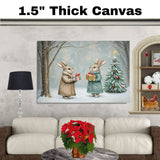"Winter Wonderland: Gift-Giving Bunnies" Cozy Rabbits in a Snowy Forest Scene on Ready to Hang 1.5" Thick Canvas Wrap, Floating Framed Canvas, Flat Rolled Canvas