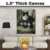 Elegant Tuxedo Cat Family: Victorian Charm with Three Kittens on a European Sofa on Ready to Hang 1.5" Thick Canvas Wrap, Floating Framed Canvas, Flat Rolled Canvas