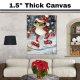 Whimsical Christmas Frog Ice Skating in Festive Red Outfit Cute Winter Animal Wall Art for Holiday Decor, Nursery, Kids Room, or Christmas Gift for Nature Lovers on Ready to Hang 1.5" Thick Canvas Wrap, Floating Framed Canvas, Flat Rolled Canvas