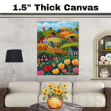 Charming Folk Art Canvas of Colorful Houses and Flowers on Rolling Hills Under a Bright Blue Sky on Ready to Hang 1.5" Thick Canvas Wrap, Floating Framed Canvas, Flat Rolled Canvas