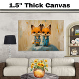 Adorable Painting of Two Baby Foxes in Blue Pajamas with Sweet Expressions Sitting Together on a Soft Surface with a Light Textured Background on Ready to Hang 1.5" Thick Canvas Wrap, Floating Framed Canvas, Flat Rolled Canvas