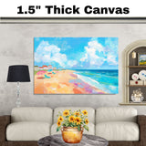 Colorful Beach Day Folk Art – Countryside Wall Print with Umbrellas & Ocean View on Ready to Hang 1.5" Thick Canvas Wrap, Floating Framed Canvas, Flat Rolled Canvas