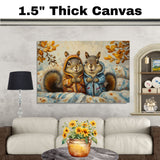 Charming Painting of Two Squirrels in Colorful Hoodies Sitting in a Cozy Autumn Setting Surrounded by Blankets and Golden Leaves with Whimsical Expressions on Ready to Hang 1.5" Thick Canvas Wrap, Floating Framed Canvas, Flat Rolled Canvas