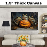 Halloween Wall Art with Frogs and Glowing Jack-o’-Lantern Fun Retro-Style Painting for Frog Lovers and Spooky Seasonal Décor in Rustic Autumn Setting on Ready to Hang 1.5" Thick Canvas Wrap, Floating Framed Canvas, Flat Rolled Canvas