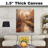 Autumnal Stream Running Through a Village – Rustic Fall Landscape Oil Painting Print on Ready to Hang 1.5" Thick Canvas Wrap, Floating Framed Canvas, Flat Rolled Canvas