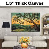 American Folk Art Tree of Birds – Rustic Countryside Wall Art Print with Cabin and Rolling Hills on Ready to Hang 1.5" Thick Canvas Wrap, Floating Framed Canvas, Flat Rolled Canvas