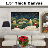 Peaceful Snowy Christmas Village with Church and Stars – Folk Art Holiday Landscape Painting on Ready to Hang 1.5" Thick Canvas Wrap, Floating Framed Canvas, Flat Rolled Canvas