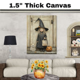 A Little Girl Dressed in a Witch Costume with Cat and Pumpkin on Ready to Hang 1.5" Thick Canvas Wrap, Floating Framed Canvas, Flat Rolled Canvas