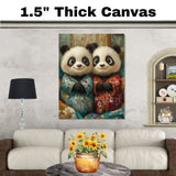 Adorable Painting of Two Happy Panda Bears in Floral Pajamas Sitting Together with Big Eyes and Gentle Smiles in a Soft Whimsical Style on Ready to Hang 1.5" Thick Canvas Wrap, Floating Framed Canvas, Flat Rolled Canvas