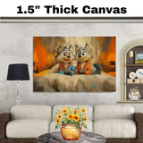 Adorable Painting of Two Playful Cartoon Wolves in Pajamas with Bright Expressions Sitting on a Bed in a Warm Whimsical Bedroom Scene for Kids and Families on Ready to Hang 1.5" Thick Canvas Wrap, Floating Framed Canvas, Flat Rolled Canvas