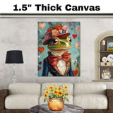 Whimsical Romance: Green Frog in a Victorian-Era European Suit and Hat Charming Heartfelt Artwork on Ready to Hang 1.5" Thick Canvas Wrap, Floating Framed Canvas, Flat Rolled Canvas