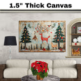 Rustic Christmas Folk Art with Red Reindeer, Holiday Trees, Birds, Ornaments, and Nature Accents in a Woodland Winter Scene on Ready to Hang 1.5" Thick Canvas Wrap, Floating Framed Canvas, Flat Rolled Canvas
