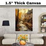 Autumnal Stream by the Cottage – Rustic Fall Landscape Oil Painting Print on Ready to Hang 1.5" Thick Canvas Wrap, Floating Framed Canvas, Flat Rolled Canvas