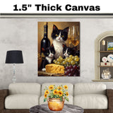 Wine and Whiskers: Tuxedo Cat Mom and Kittens Among Grapes and Cheese on Ready to Hang 1.5" Thick Canvas Wrap, Floating Framed Canvas, Flat Rolled Canvas