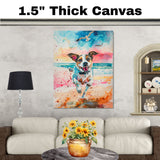 Playful Watercolor Dog Running on Beach with Colorful Sky and Seagulls in Energetic Coastal Pet Wall Art on Ready to Hang 1.5" Thick Canvas Wrap, Floating Framed Canvas, Flat Rolled Canvas