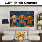 Whimsical Trio of Dachshund Dogs in Overalls and Floral Shirts Under Stars Fun and Cheerful Pet Wall Decor for Bedroom Nursery or Gift for Dog Lovers on Ready to Hang 1.5" Thick Canvas Wrap, Floating Framed Canvas, Flat Rolled Canvas