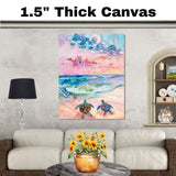 Watercolor Painting of Two Sea Turtles on the Beach Heading Toward Ocean Waves Under a Colorful Sunset Sky on Ready to Hang 1.5" Thick Canvas Wrap, Floating Framed Canvas, Flat Rolled Canvas