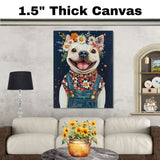 Happy White Dog Wearing Overalls and Floral Shirt Whimsical Farmhouse Art Perfect for Nursery Bedroom Living Room Dog Lover Gift Rustic Home Decor on Ready to Hang 1.5" Thick Canvas Wrap, Floating Framed Canvas, Flat Rolled Canvas