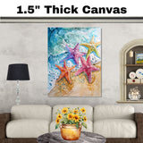 Colorful Watercolor Painting of Starfish on a Sandy Shoreline with Ocean Waves on Ready to Hang 1.5" Thick Canvas Wrap, Floating Framed Canvas, Flat Rolled Canvas