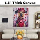 Love & Loyalty: Airedale Dog in a Heart-Themed Pink Top and Hat - Adorable Valentine's Painting on Ready to Hang 1.5" Thick Canvas Wrap, Floating Framed Canvas, Flat Rolled Canvas