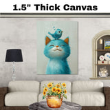 Sweet Blue Cat with Tiny Blue Bird on Head Cute and Whimsical Animal Illustration for Nursery or Kids Room Art Print Perfect for Cat and Bird Lovers on Ready to Hang 1.5" Thick Canvas Wrap, Floating Framed Canvas, Flat Rolled Canvas