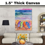 Watercolor Art of Six Vibrant Flip-Flops on Sandy Beach with Ocean Waves and Colorful Sunset Sky in Coastal Summer Style on Ready to Hang 1.5" Thick Canvas Wrap, Floating Framed Canvas, Flat Rolled Canvas